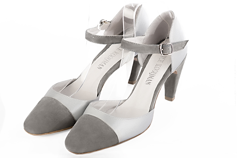 Dove grey and light silver women's open side shoes, with an instep strap. Round toe. High slim heel. Front view - Florence KOOIJMAN